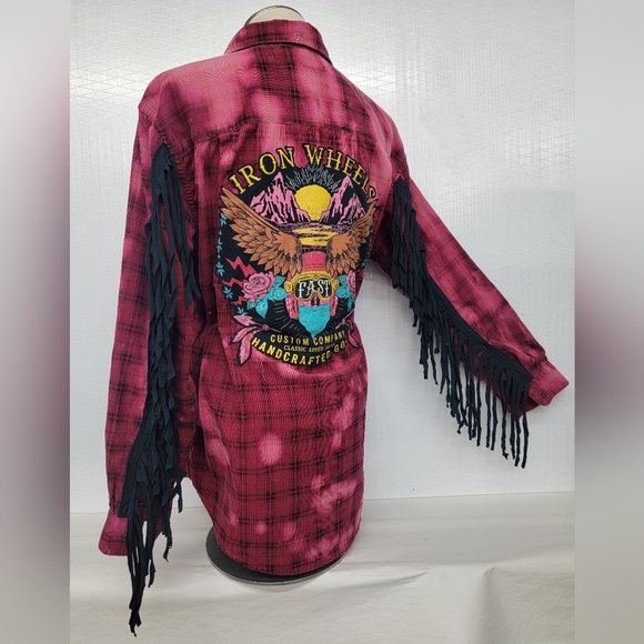 Iron Wheels Moto Flannel Shirt Shacket Harley Davidson Patch & Fringe Upcycled - Picture 5 of 13